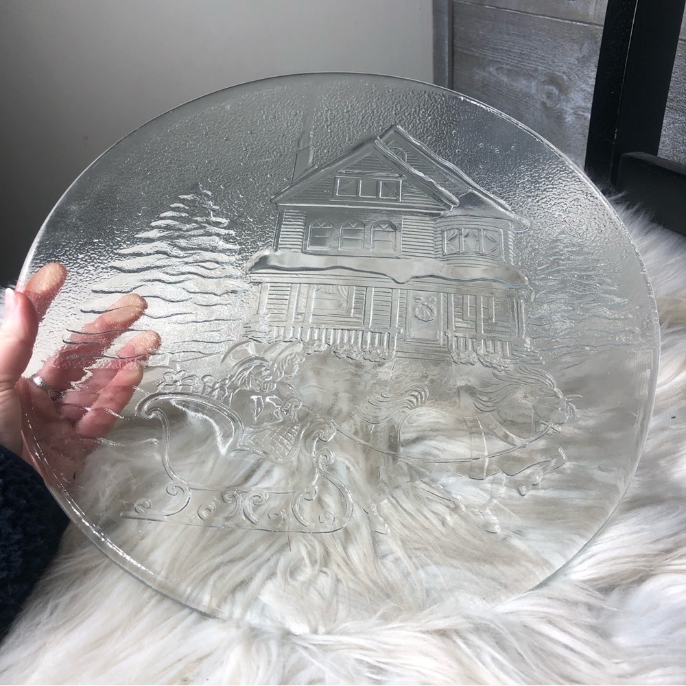 Vintage glass Christmas Santa holiday serving tray big plate